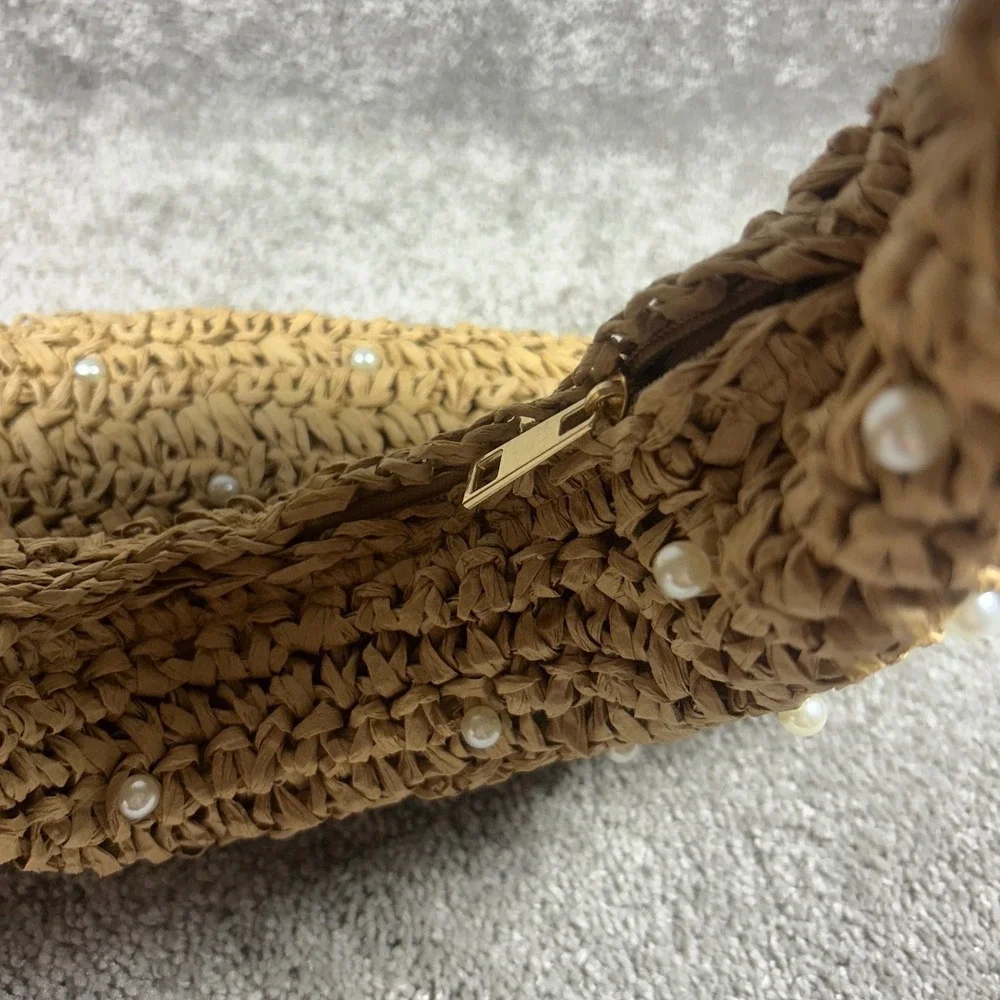Haute Hippie Hobo Bag Tan Faux Pearl Straw Knotted Handle Women Purse